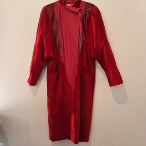 Vintage 80s Jutta Covian Red Leather Suede Full Length Coat with Snakeskin Accen